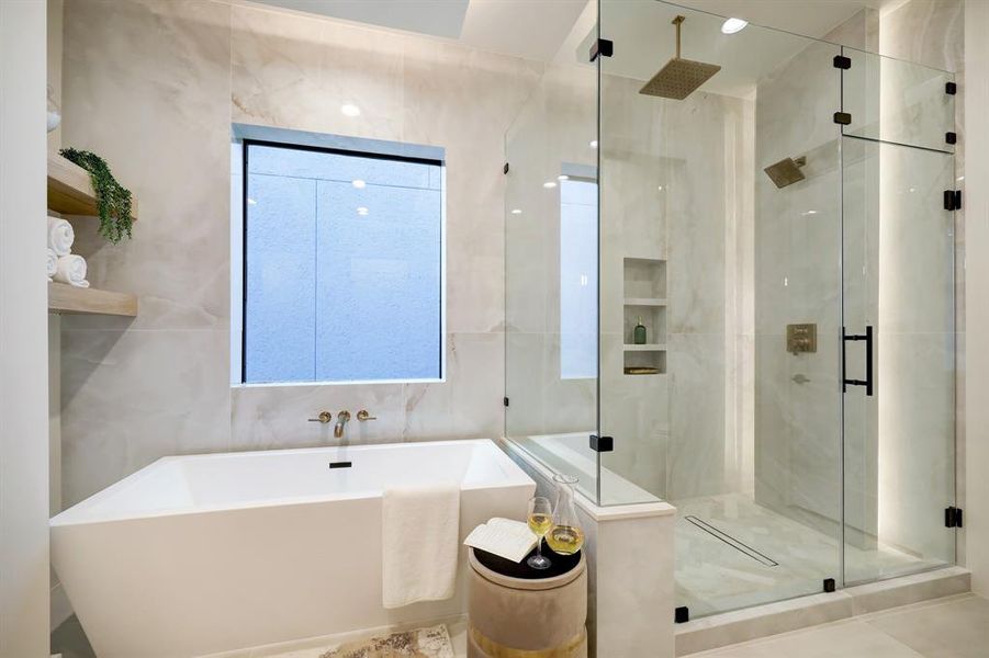 Experience spa-like luxury with this ensuite's full LED-lit ceiling and shower, designed to elevate your daily routine.