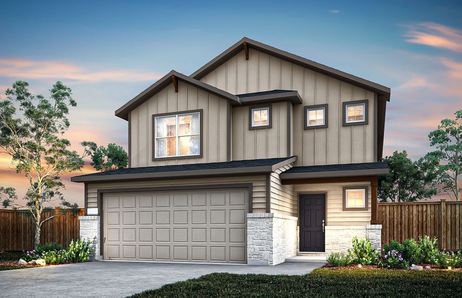 Front exterior of a new home in Saddleback at Santa Rita Ranch, Liberty Hill, TX, highlighting curb appeal (Image 1). Front exterior of a new home in Saddleback at Santa Rita Ranch, Liberty Hill, TX, highlighting curb appeal (Image 1).