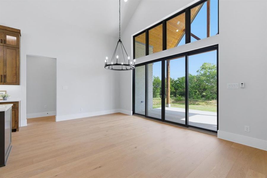 Dining Area with Wall of Window View into the Backyard