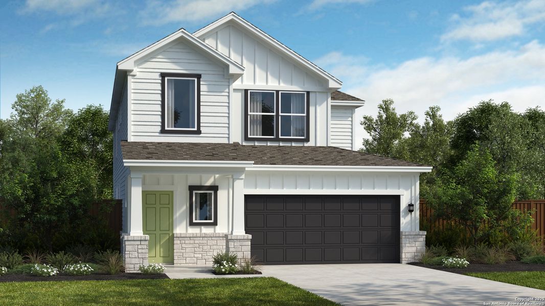 Front exterior of a new home in Mayfair, New Braunfels, TX, highlighting curb appeal (Image 1). Front exterior of a new home in Mayfair, New Braunfels, TX, highlighting curb appeal (Image 1).