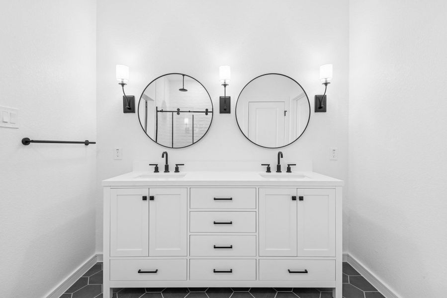 Spa-like primary bath with freestanding vanity Spa-like primary bath with freestanding vanity