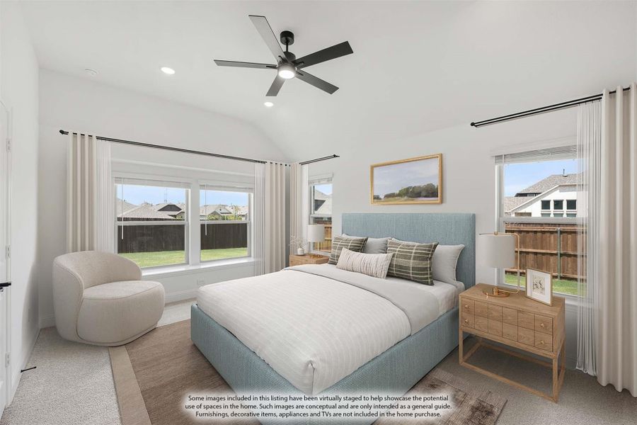 Bedroom with vaulted ceiling, ceiling fan, blue upholstered bed, and multiple windows with natural light Bedroom with vaulted ceiling, ceiling fan, blue upholstered bed, and multiple windows with natural light
