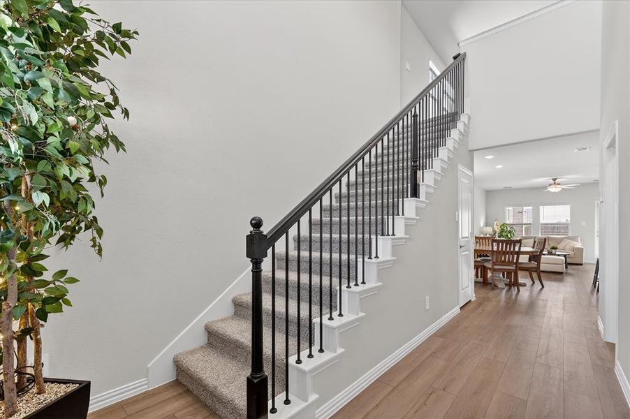 Stairway featuring wood finished floors, a high ceiling, and ceiling fan