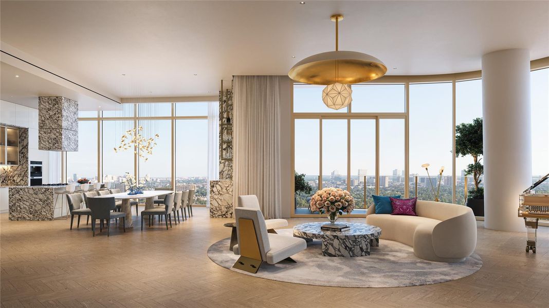 Welcome to the Caroline Penthouse I. This 35th-floor residence boasts 12-foot ceilings, butler pantry, and an expansive 4500+ square feet of living space. Three separate covered terraces with views of Downtown and River Oaks, along with summer kitchen and dedicated service quarters only begin to capture the grandeur of Houston’s finest estates for gracious modern living.