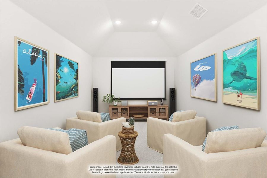 Media room with large projection screen, four cream armchairs, and colorful framed posters on white walls Media room with large projection screen, four cream armchairs, and colorful framed posters on white walls