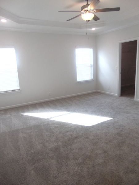 The primary bedroom is large and has perfectly detailed tray ceilings