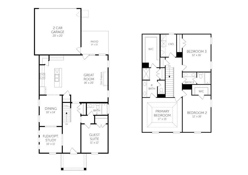 2D floor plan layout for the Caspian - Cottage Series by Dream Finders Homes in The Settlement, Simpsonville, SC (Image 3).