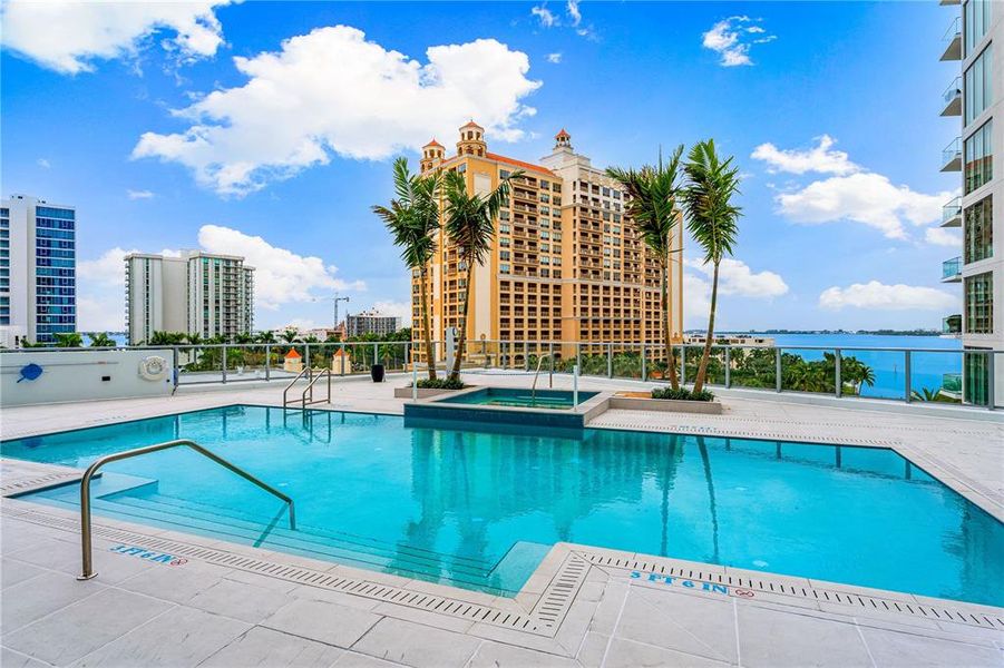 Elevated resort-style pool and spa deck