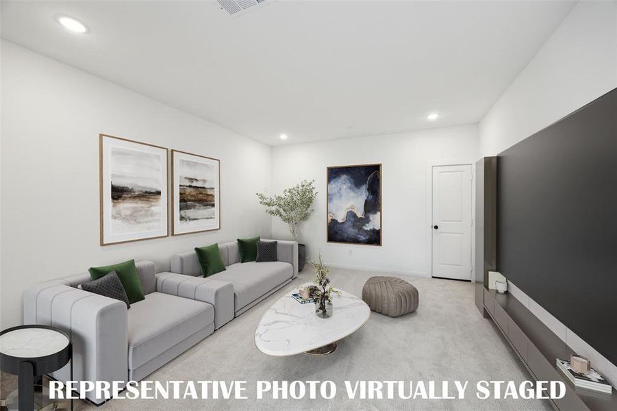 Family movie night has never been more fun in this fantastic media room!  REPRESENTATIVE PHOTO VIRTUALLY STAGED