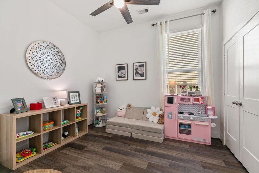 Discover the flexible fourth bedroom,currently set up as a playroom! Itscentral location is ideal, providingvaluable sound and physical separationfrom the other sleeping Discover the flexible fourth bedroom,currently set up as a playroom! Itscentral location is ideal, providingvaluable sound and physical separationfrom the other sleeping