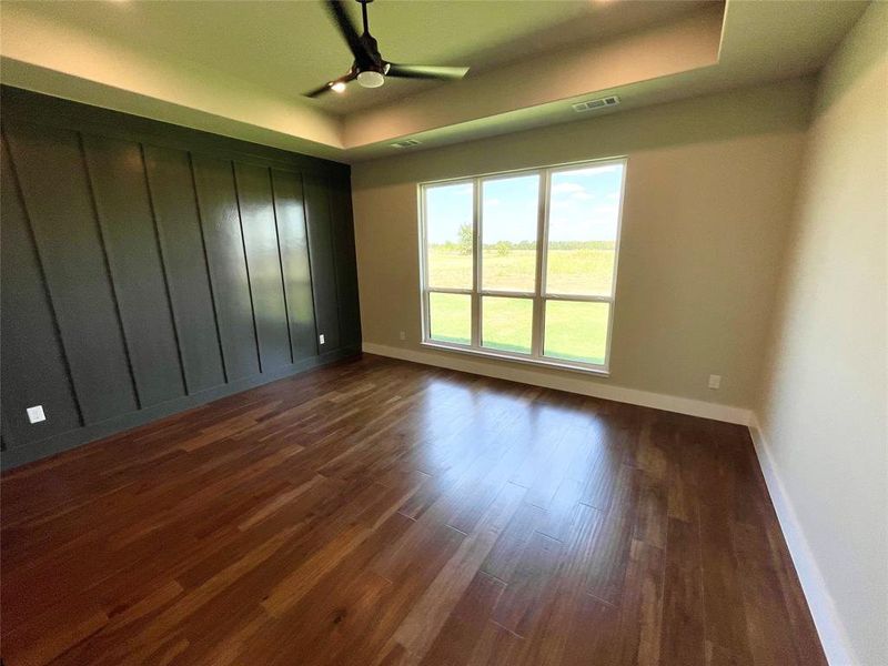 Unfurnished room featuring ceiling fan, a wealth of natural light, dark wood-type flooring, and a raised ceiling