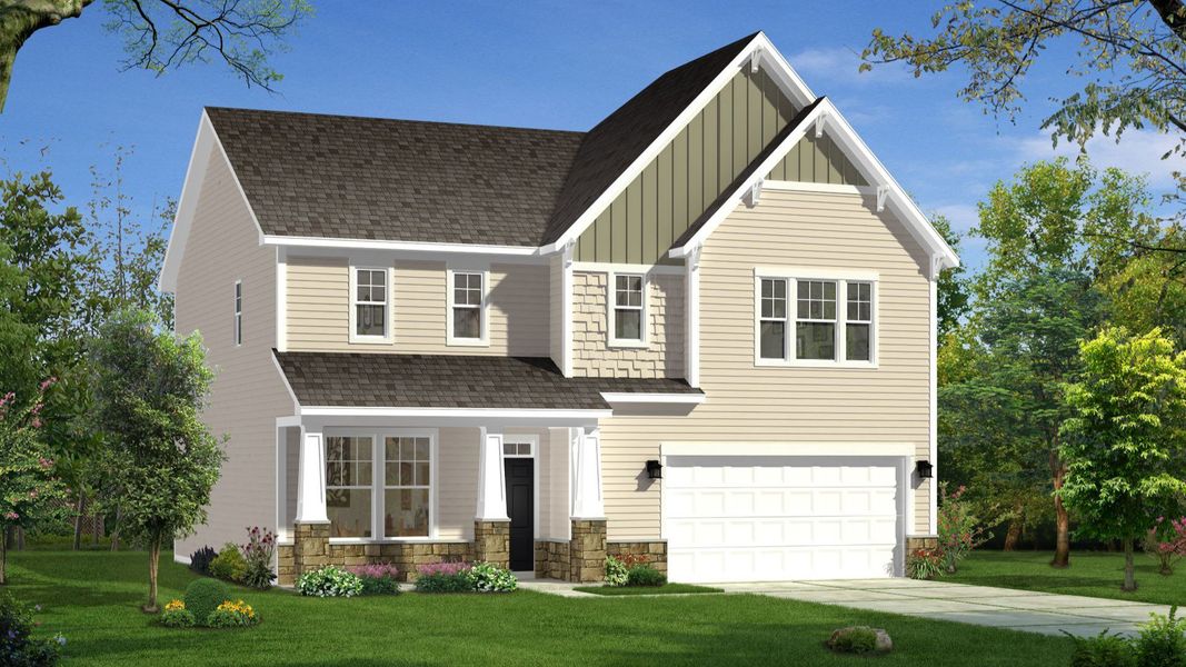 Front exterior of a new home in Station Pointe, Angier, NC, highlighting curb appeal (Image 1).