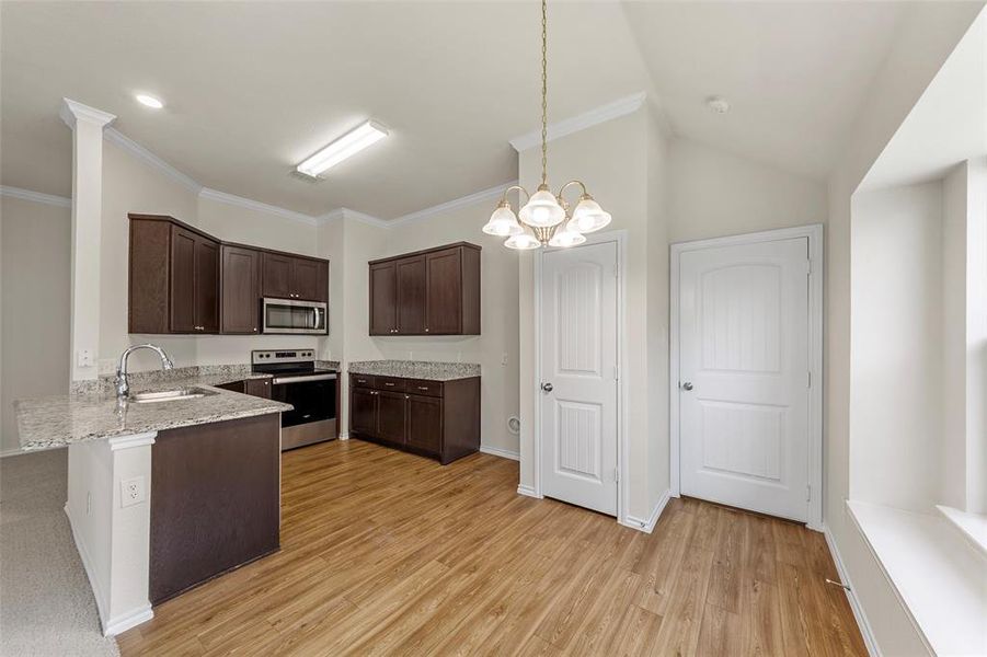 Kitchen featuring stainless steel appliances, a sink, dark brown cabinetry, light wood-type flooring, and a peninsula Kitchen featuring stainless steel appliances, a sink, dark brown cabinetry, light wood-type flooring, and a peninsula