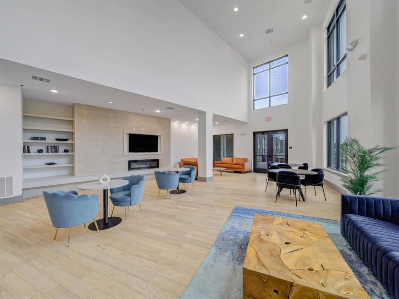 Community lobby featuring recessed lighting and a high ceiling