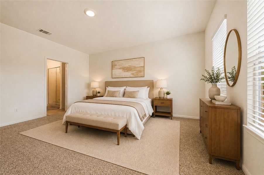 Virtually staged - Primary bedroom, featuring recessed lighting, soft carpet flooring and abundant natural light.