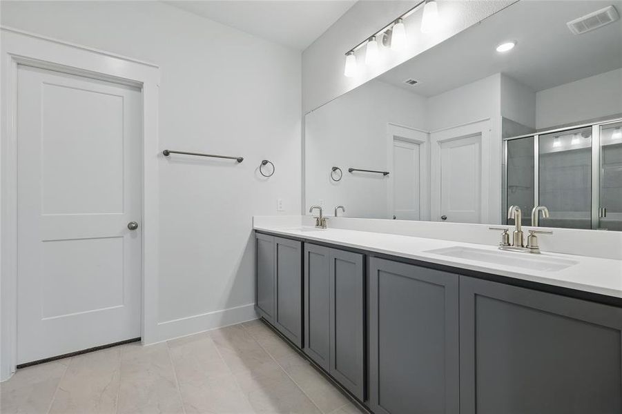 Full bathroom with double vanity and a stall shower