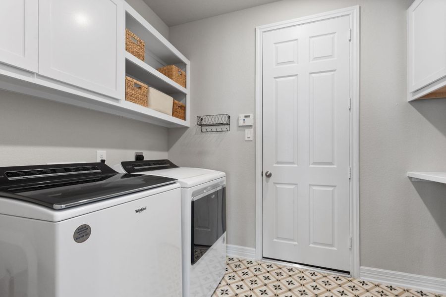 Custom shelving and designer tiles in the laundry room.