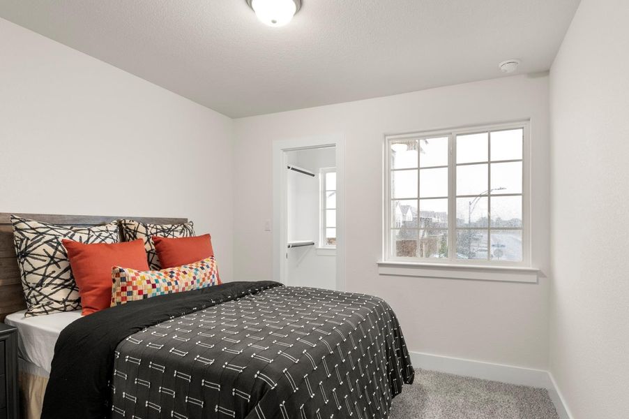 A comfortable bedroom features plush carpeting and a convenient walk-in closet.
