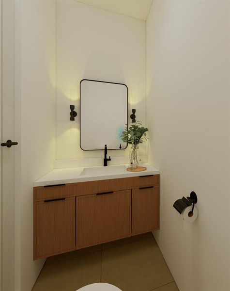 Bathroom with vanity and light tile patterned floors