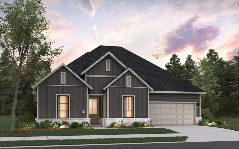 Front exterior of a new home in Hunters Crossing 60s, Sealy, TX, highlighting curb appeal (Image 1). Front exterior of a new home in Hunters Crossing 60s, Sealy, TX, highlighting curb appeal (Image 1).