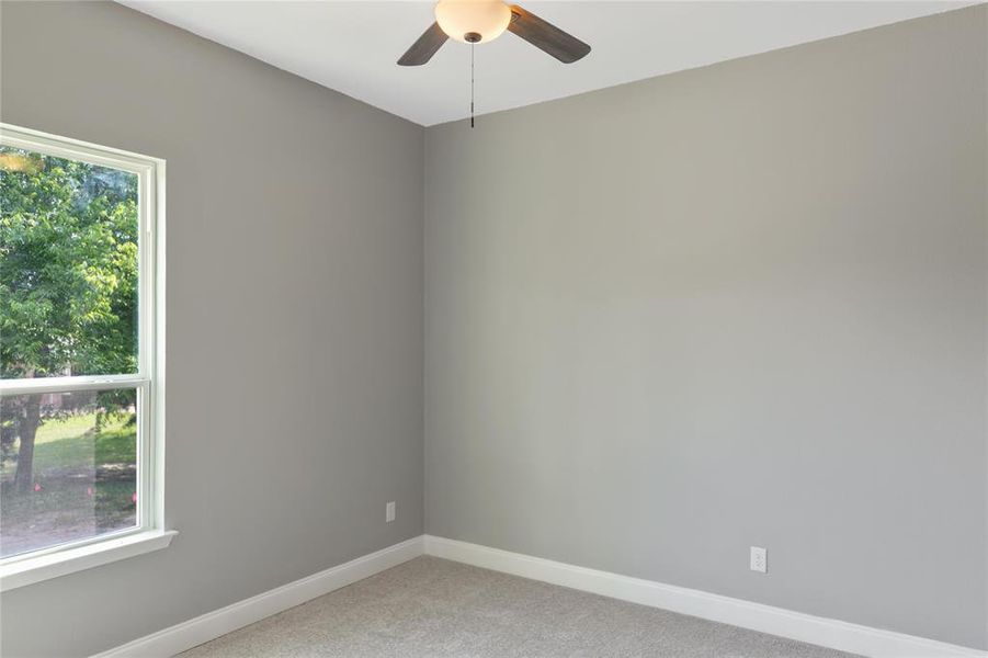 Spare room featuring ceiling fan, a wealth of natural light, and carpet