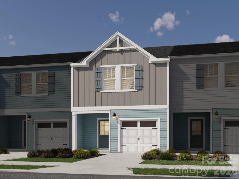 Front exterior of a new home in Rocky River Towns, Charlotte, NC, highlighting curb appeal (Image 1). Front exterior of a new home in Rocky River Towns, Charlotte, NC, highlighting curb appeal (Image 1).
