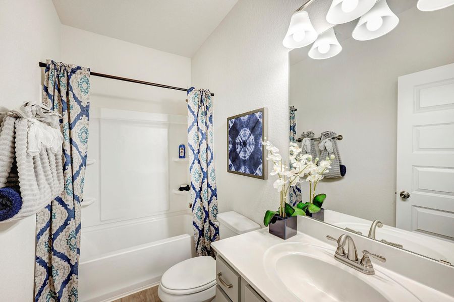 The Oakshire II- Secondary Bathroom. Home under construction. Sample floor plan photo used for illustrative purposes only. Upgrades, selections options, windows and colors may vary.