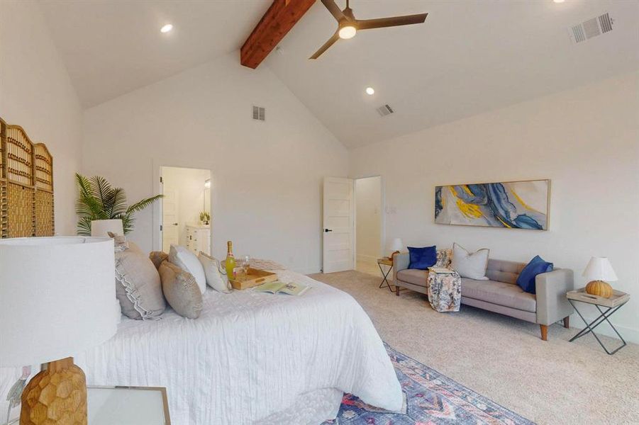 Bedroom featuring carpet flooring, visible vents, and beamed ceiling Bedroom featuring carpet flooring, visible vents, and beamed ceiling