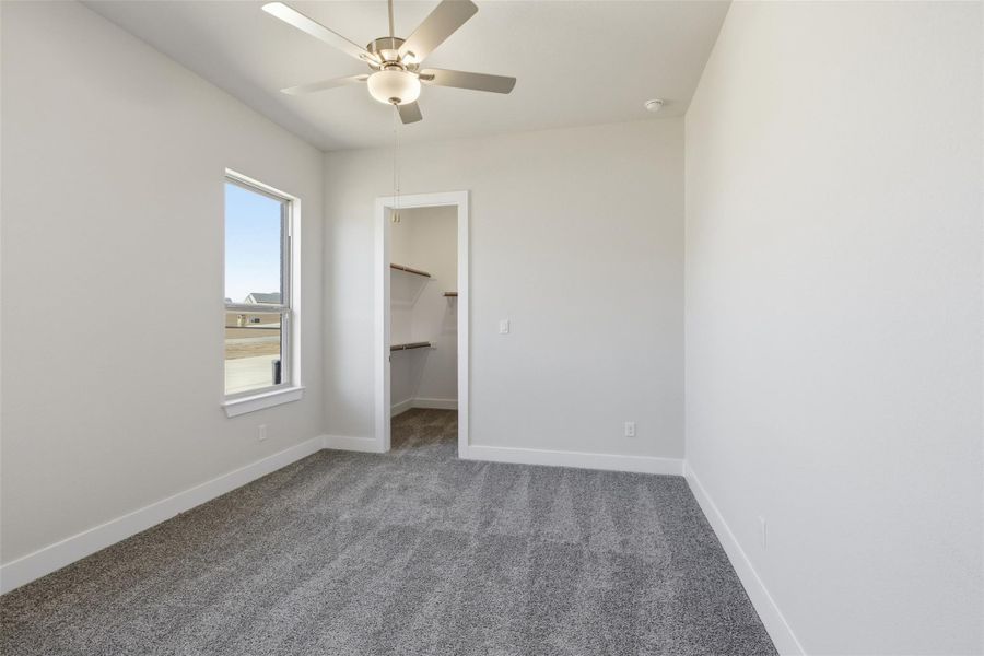 Unfurnished bedroom featuring carpet, a walk in closet, and a ceiling fan