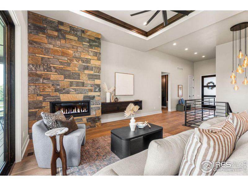 Stone fireplace with custom built-ins