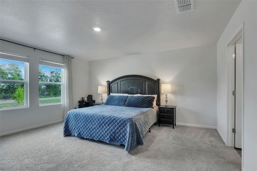 Spacious primary bedroom overlooking farmland.