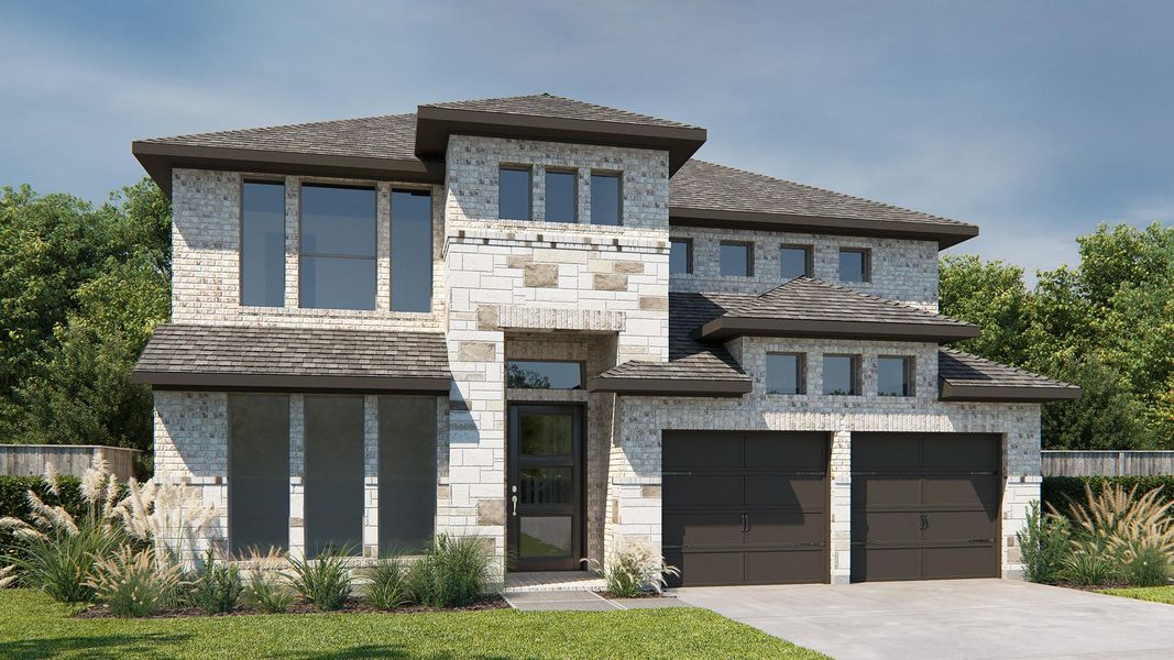 Front exterior of a new home in StoneCreek Estates, Richmond, TX, highlighting curb appeal (Image 1). Front exterior of a new home in StoneCreek Estates, Richmond, TX, highlighting curb appeal (Image 1).