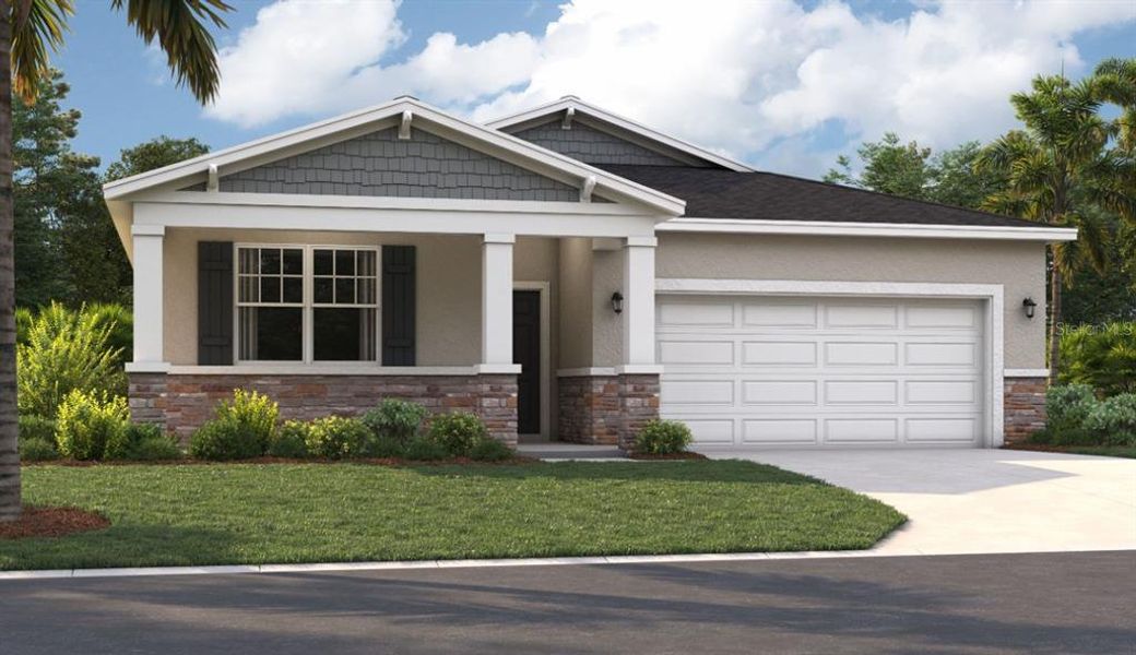 Front exterior of a new home in Village at Windsor Reserve, Eagle Lake, FL, highlighting curb appeal (Image 1).