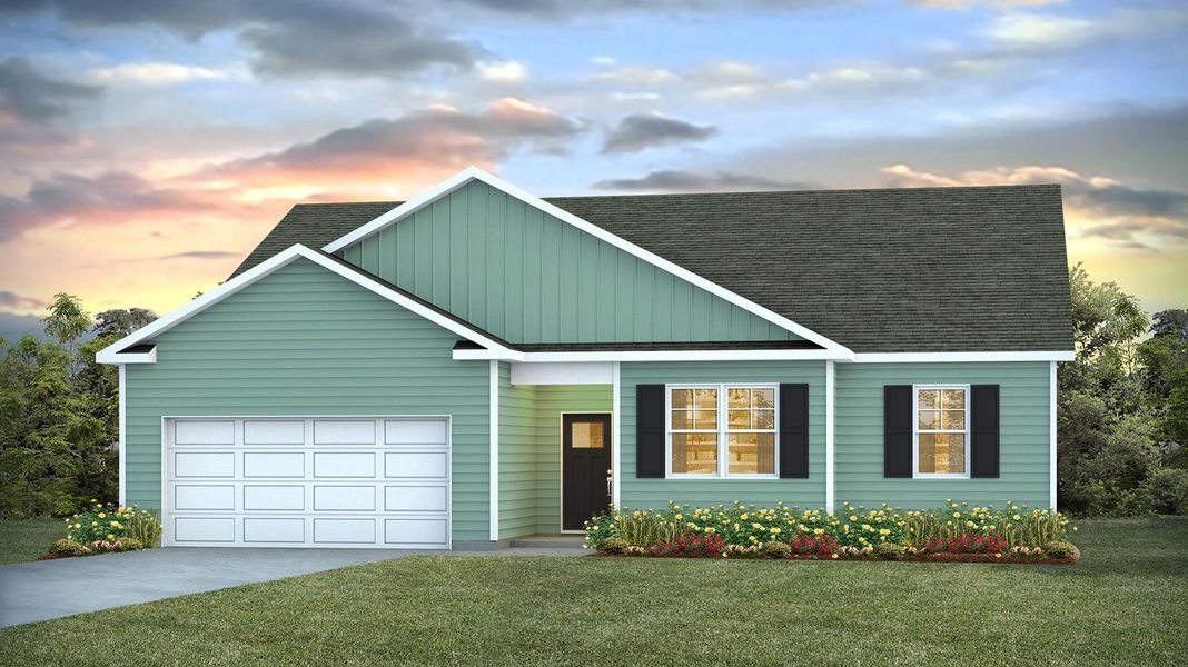 Front exterior of a new home in Auberon Woods, Conway, SC, highlighting curb appeal (Image 1).