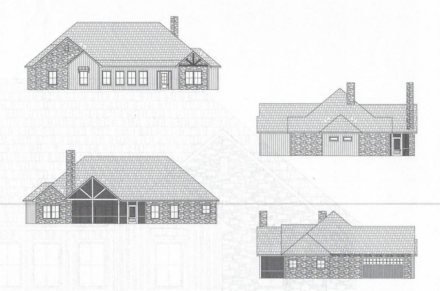 Option 2: Architectural Drawings. Presenting four exterior elevations of the property. Option 2 is total square foot of 3233 under roof & the price is $541,060 at this location.
