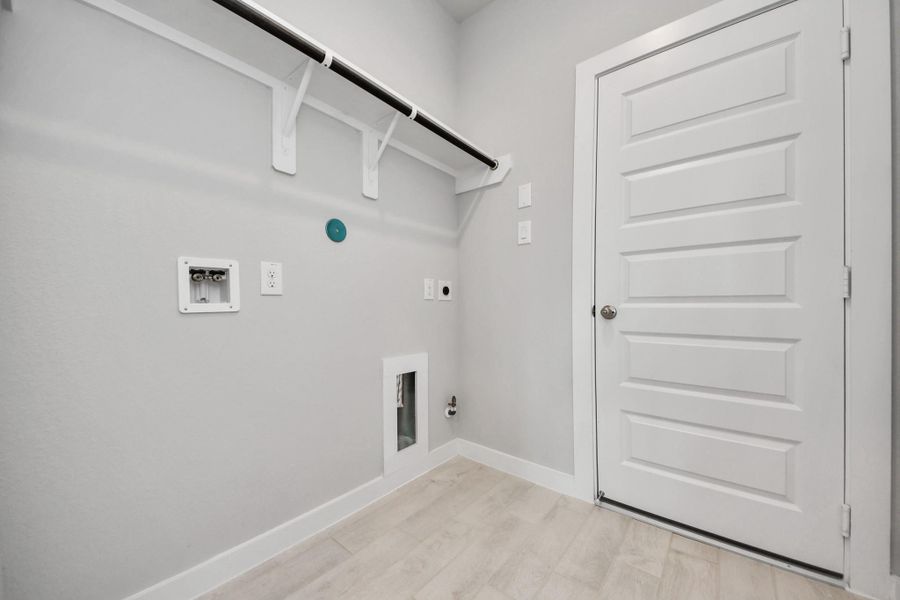 A perfect blend of functionality and comfort. Capture the essence of easy living with a first-floor laundry room, thoughtfully equipped with shelving for effortless organization. Both electric and gas connections available.