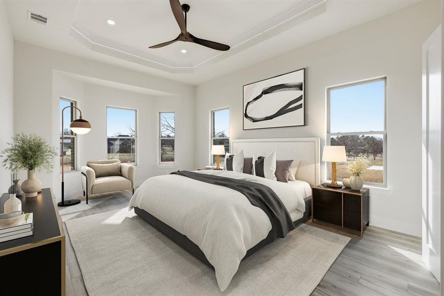 Virtually staged primary bedroom. Virtually staged primary bedroom.