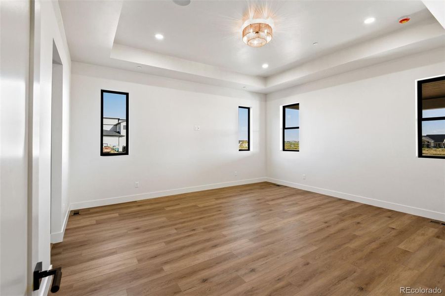 Primary bedroom w/coffered ceiling
