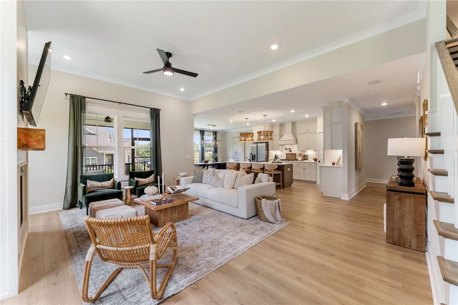 An inviting open-concept living space blends comfo