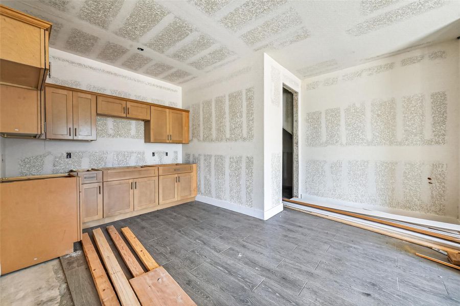 Alternate view of the main-level interior featuring kitchen area, unfinished drywall, and open layout.
