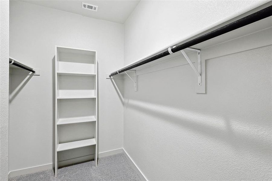 Walk in closet featuring light colored carpet