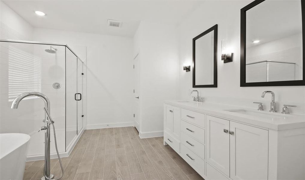 Serene primary bath with double sinks