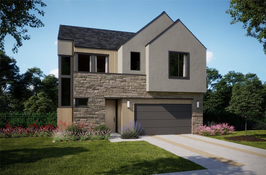 Modern home with stone siding, an attached garage, fence, and roof with shingles Modern home with stone siding, an attached garage, fence, and roof with shingles