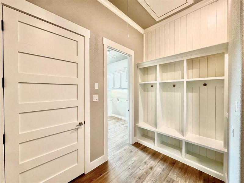 Mudroom featuring crown molding and hardwood / wood-style floors