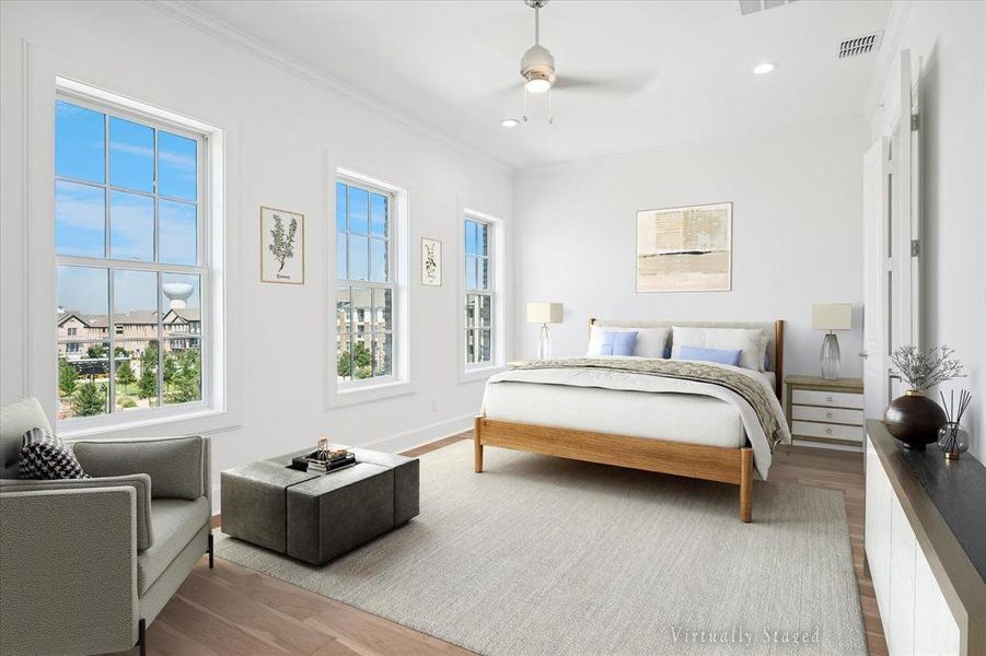 Bedroom featuring wood finished floors, crown molding, recessed lighting, and a ceiling fan