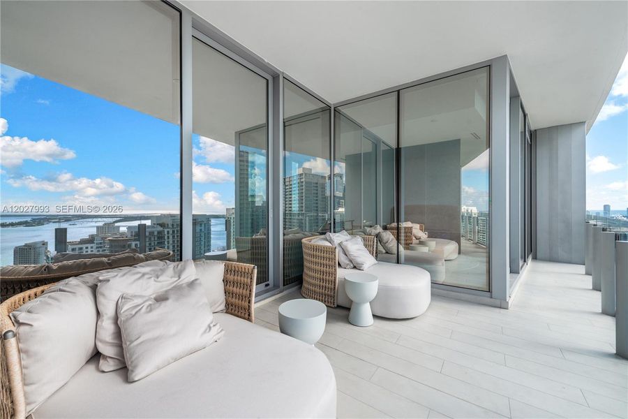 Exterior details and patio area of a home in Aston Martin Residences, Miami (Image 1). Exterior details and patio area of a home in Aston Martin Residences, Miami (Image 1).