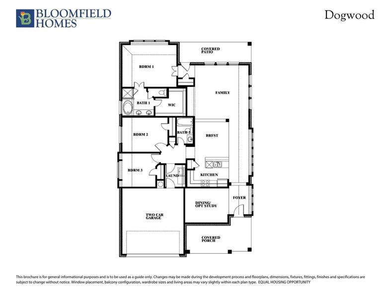 Bloomfield Homes Dogwood floor plan with three bedrooms, two bathrooms, family room, kitchen, and two-car garage.