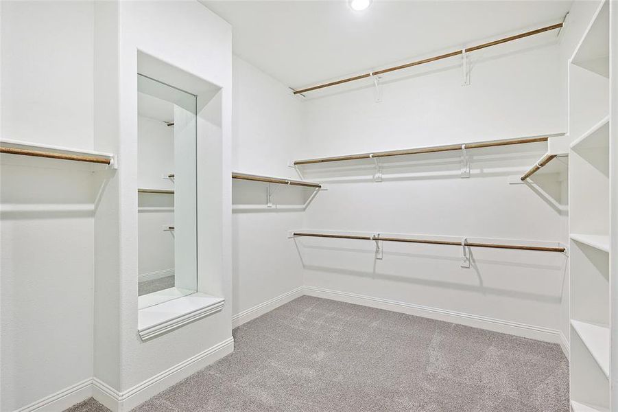 Spacious closet with light carpet