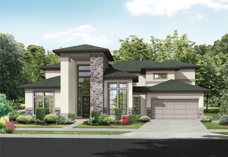 Front exterior of a new home in Bridgeland 45', 50', 70', Cypress, TX, highlighting curb appeal (Image 1). Front exterior of a new home in Bridgeland 45', 50', 70', Cypress, TX, highlighting curb appeal (Image 1).