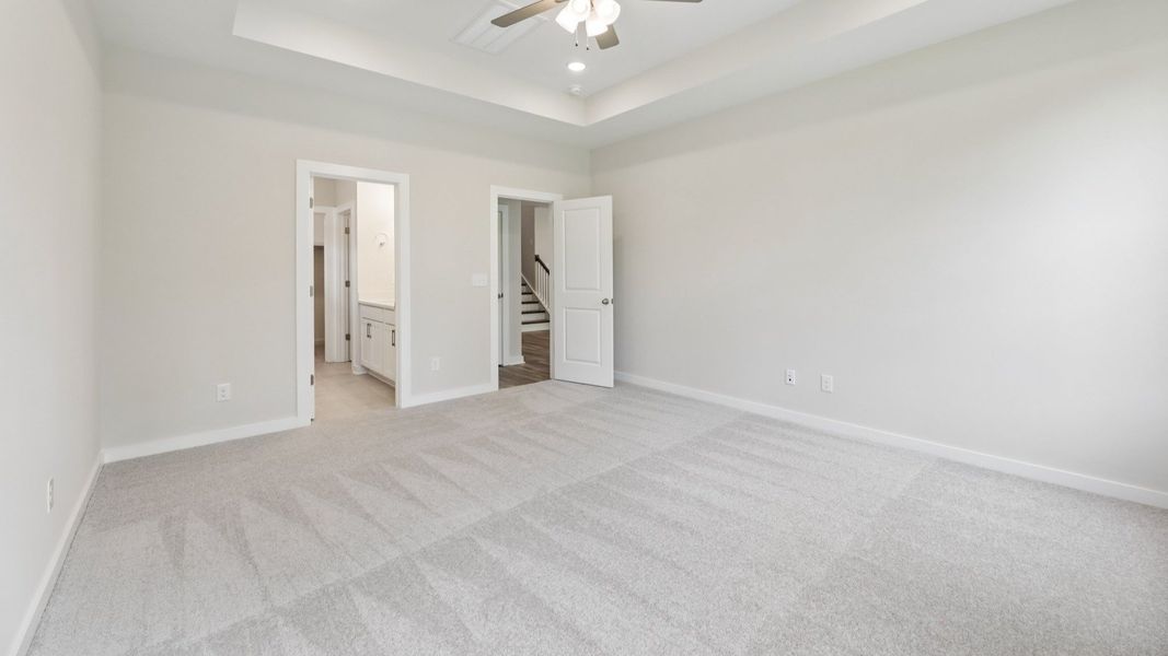 Primary suite with tray ceiling and carpet